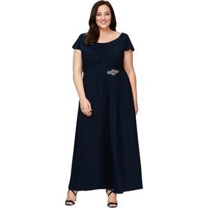 Alex Evenings Women's Long Cowl Neck Mother of The Bride Dress Navy Sz 14W NWT